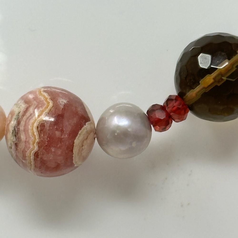 14 k gold necklace Rhodochrosite, faceted topaz, red garnet, pearl, pink quartz,